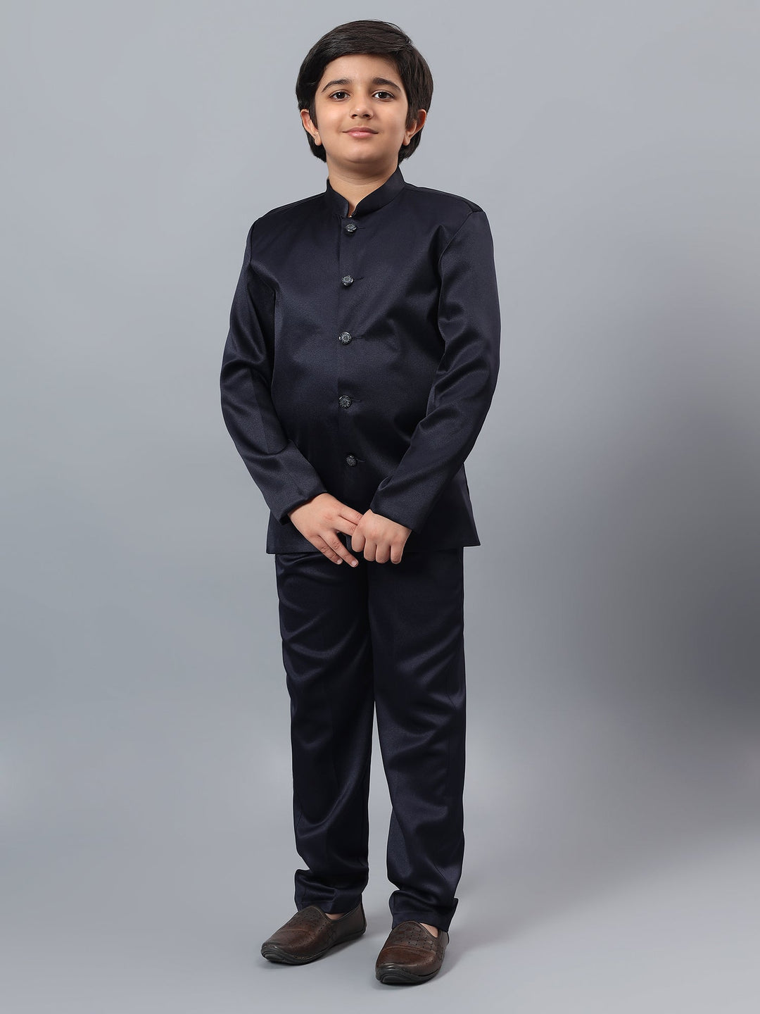 Boys Indo-Western Sherwani & Trouser Set with Sequined Waistcoat - Navy Blue | SHOBITAM