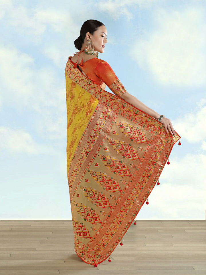 Mustard Yellow Color Semi Banarasi Tissue Silk Paithani Woven Saree | SHOBITAM