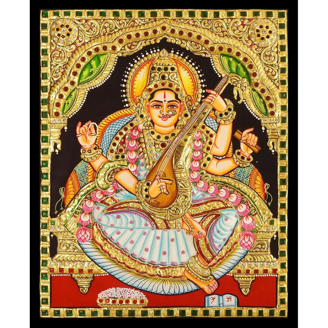 12*15" Authentic Tanjore painting of Goddess Saraswathi with 22 Ct Gold Foil, Unframed | SHOBITAM