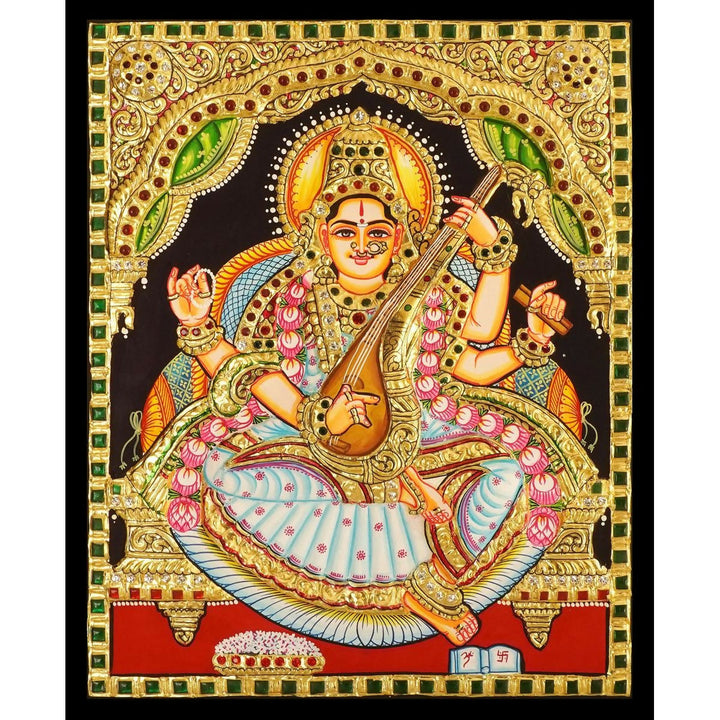 12*15" Authentic Tanjore painting of Goddess Saraswathi with 22 Ct Gold Foil, Unframed | SHOBITAM
