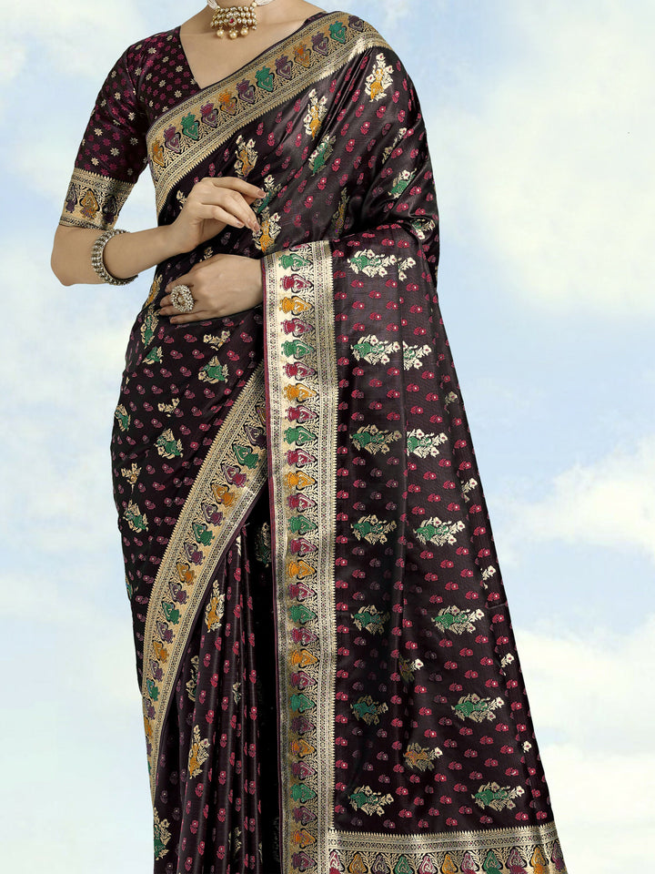 Maroon With Gold Bordar Banarasi Satin Zari Woven Saree | SHOBITAM