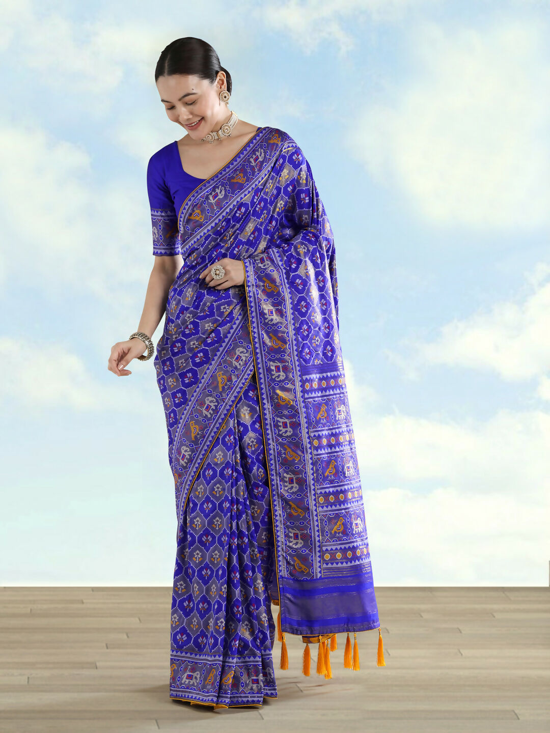 Navy Blue Semi Banarasi Satin Silk Saree With Patola Work | SHOBITAM