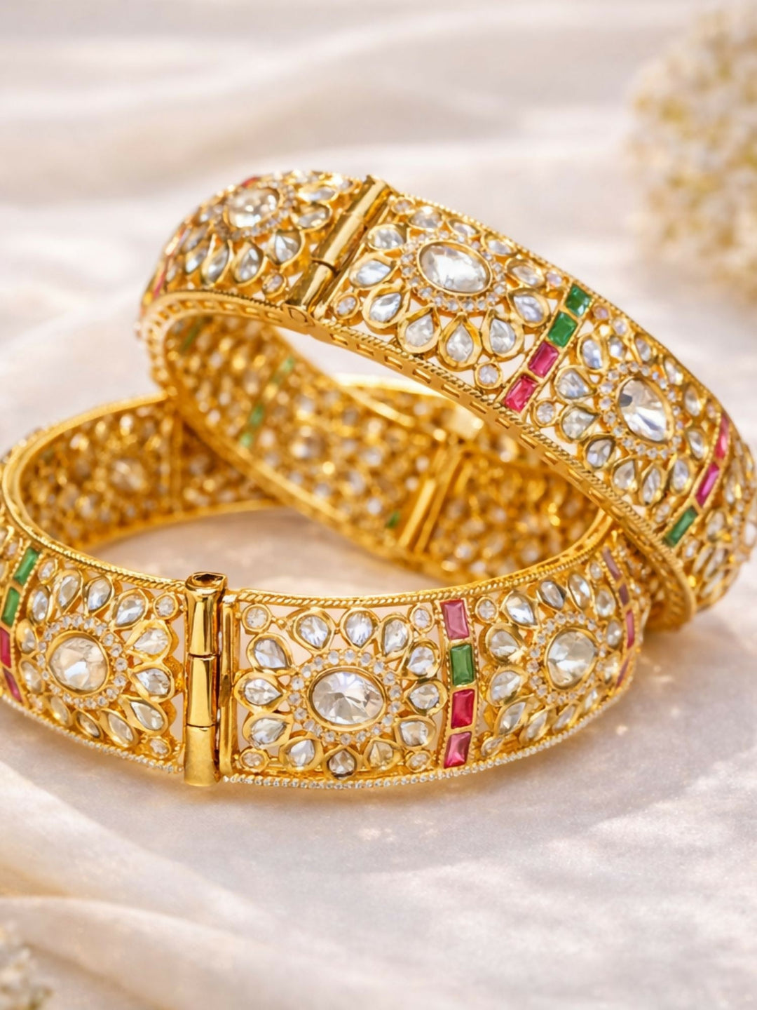 Gold Plated Bridal Floral Moissanite Bangles | SHOBITAM