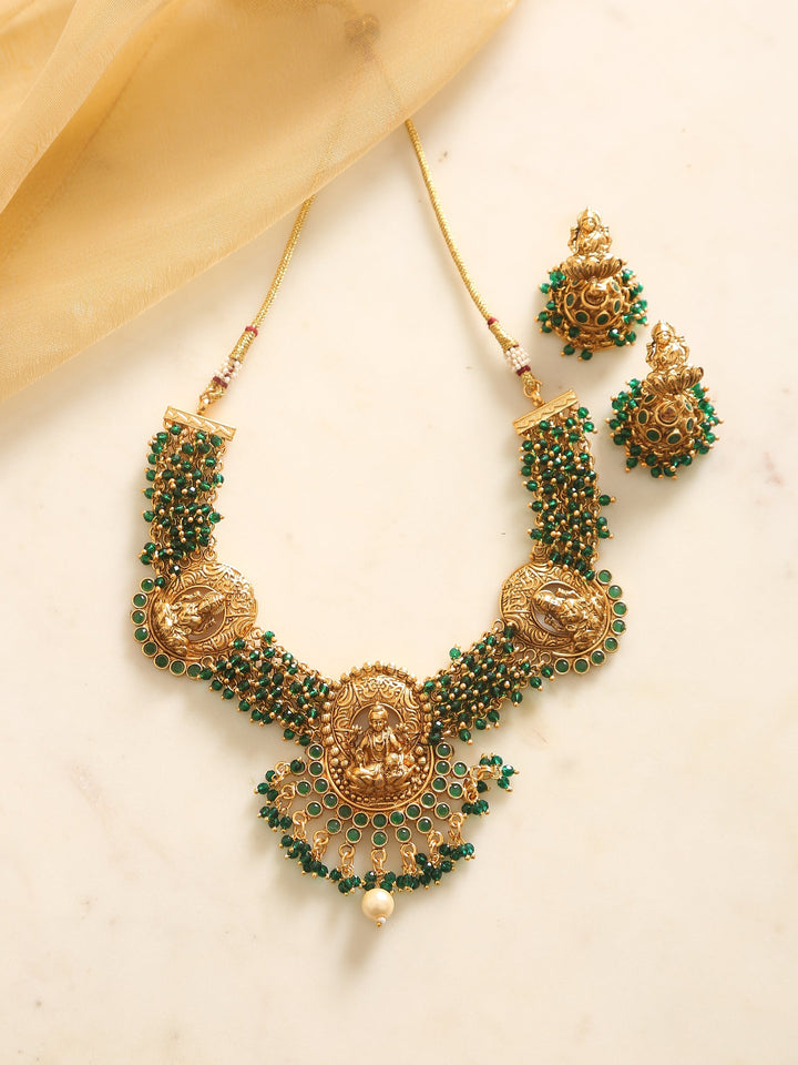 Laxmi temple necklace with green glass beads | SHOBITAM