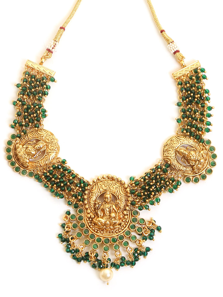 Laxmi temple necklace with green glass beads | SHOBITAM