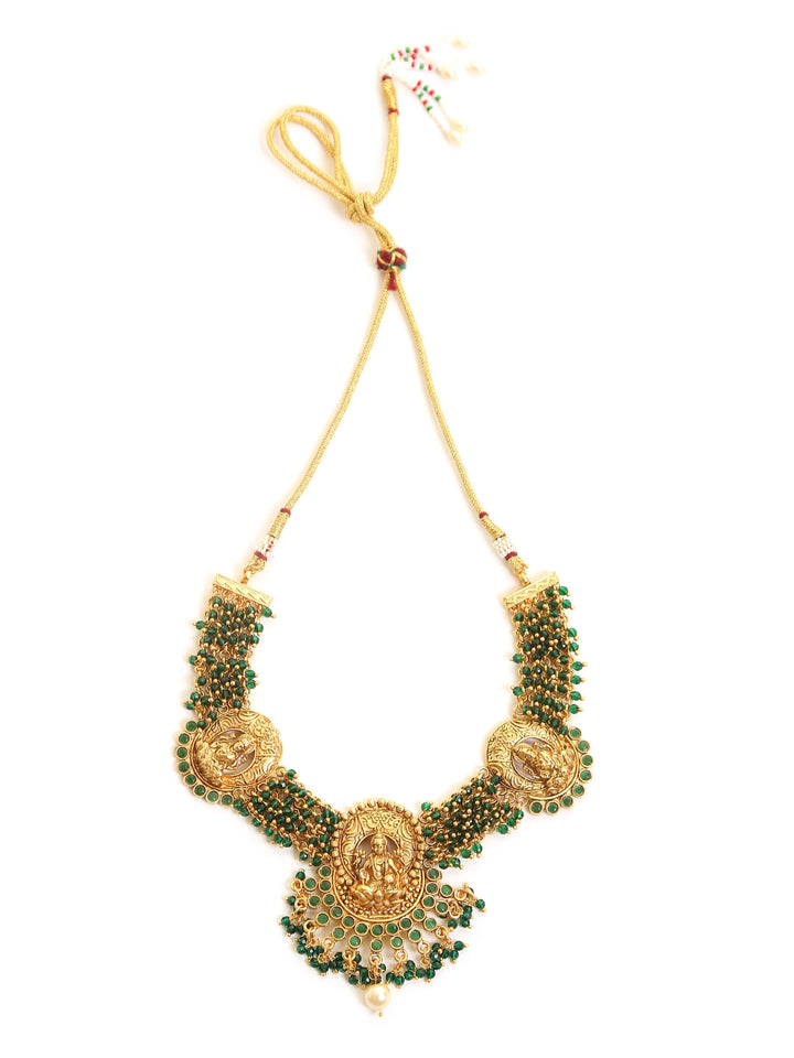 Laxmi temple necklace with green glass beads | SHOBITAM