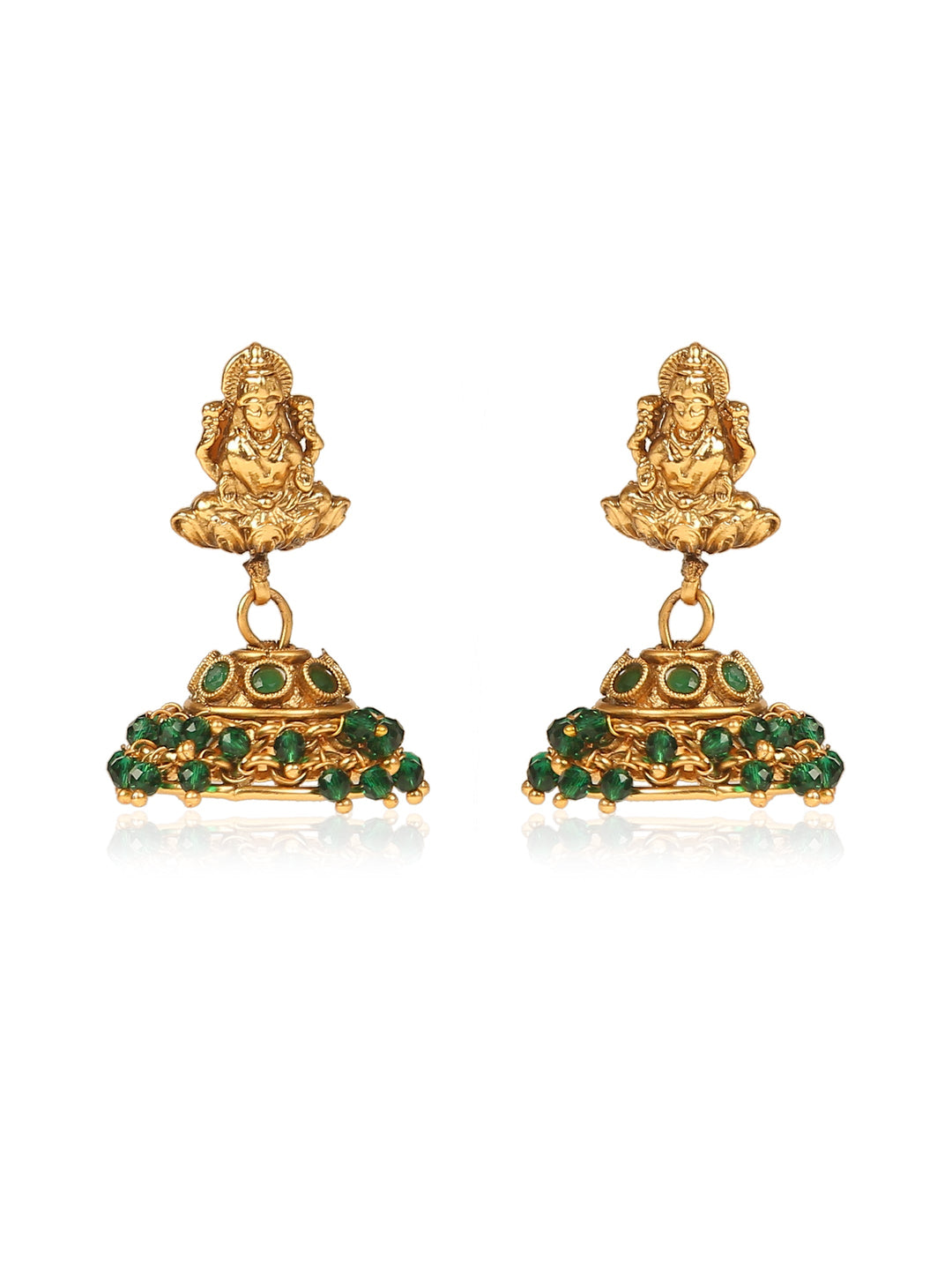 Laxmi temple necklace with green glass beads | SHOBITAM