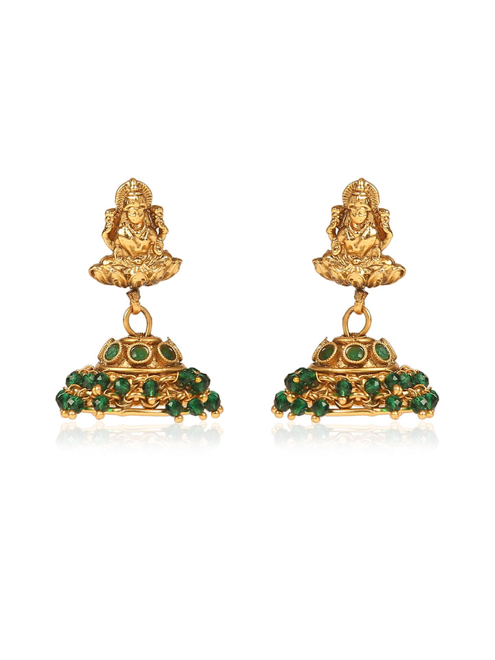 Laxmi temple necklace with green glass beads | SHOBITAM