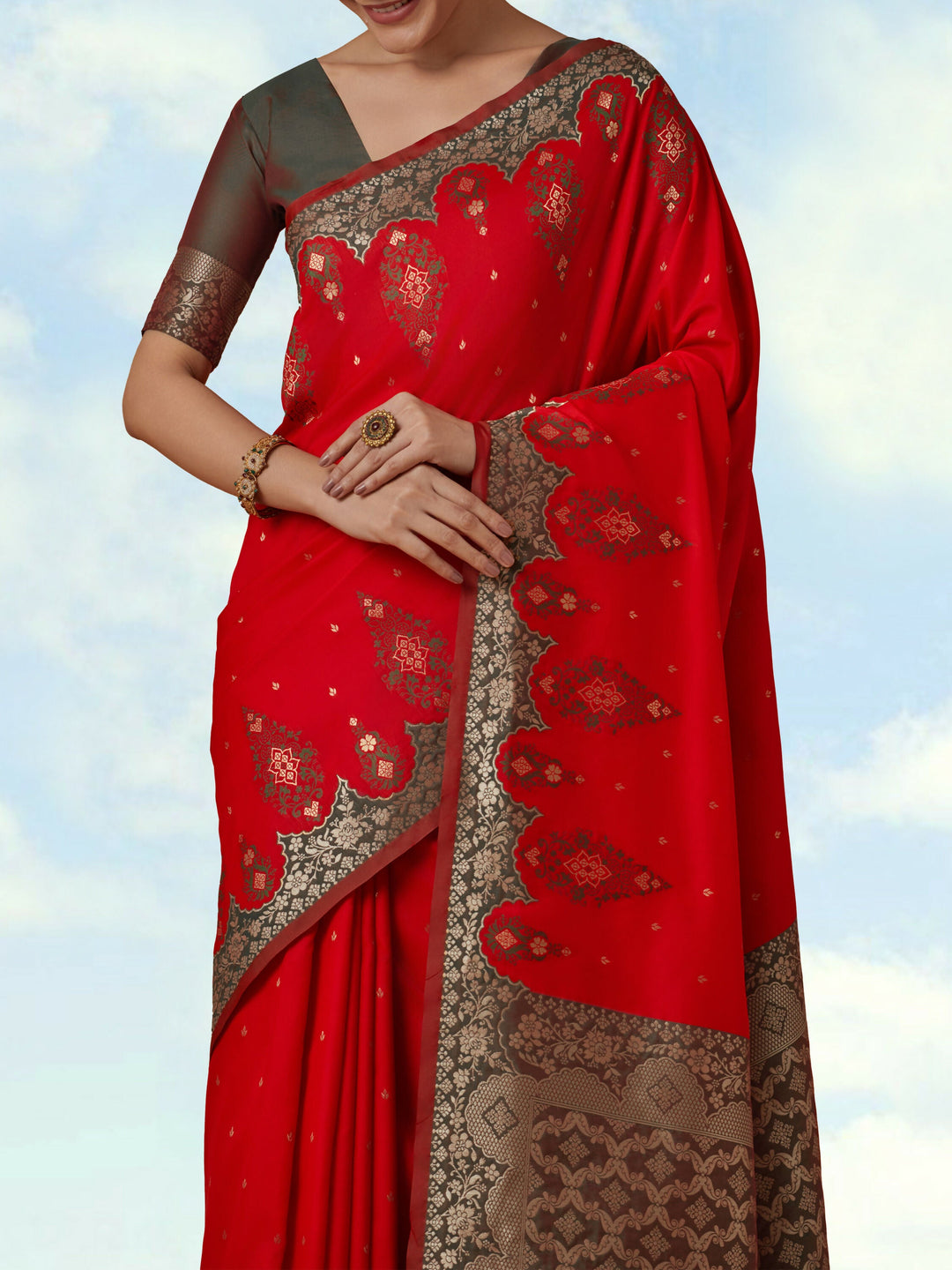 Red Semi Banarasi Silk Blend Saree with Zari Woven Work | SHOBITAM