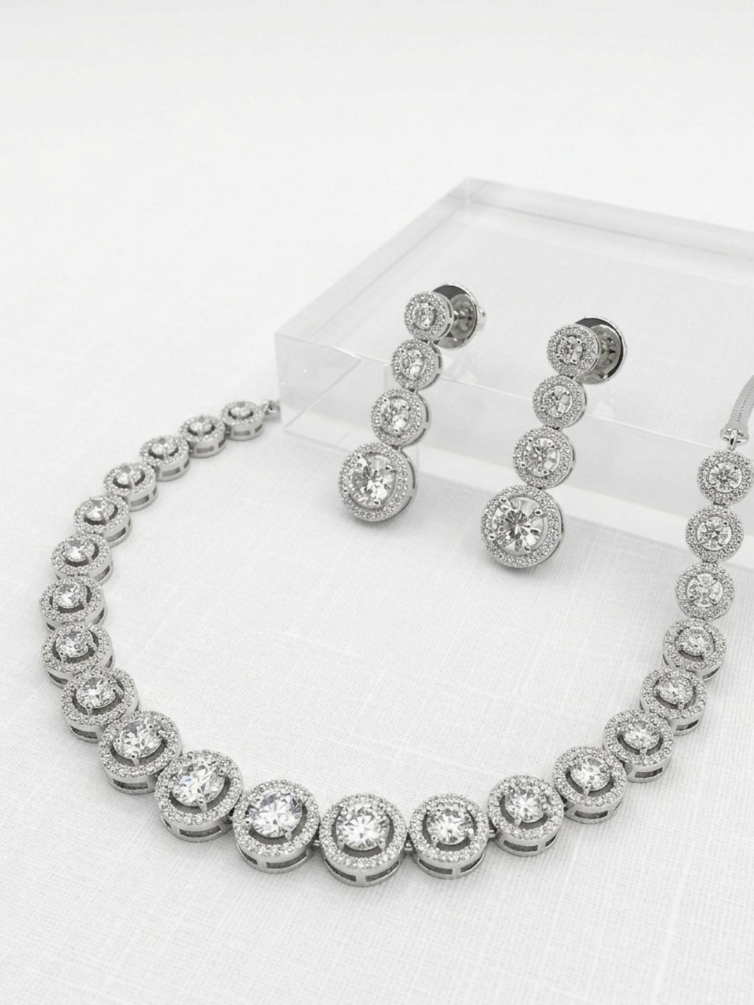 Round Silver Plated American Diamond Necklace Set | SHOBITAM