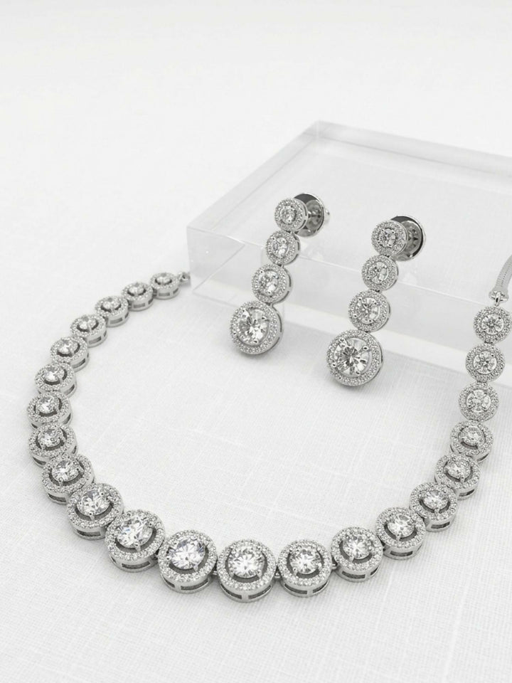 Round Silver Plated American Diamond Necklace Set | SHOBITAM
