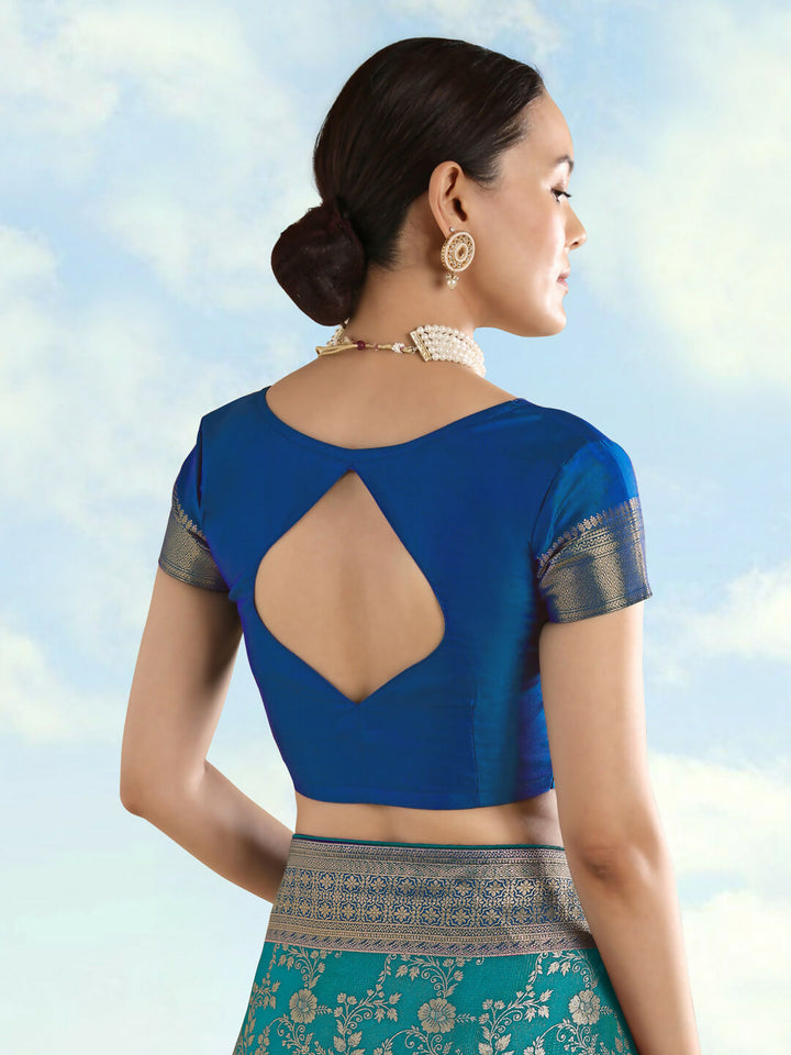 Turquoise Banarasi Semi Silk Saree With Zari Woven Design  | SHOBITAM
