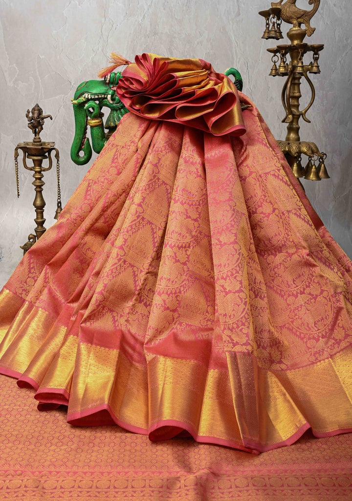 Rose Pink Kanjivaram Pure Silk Saree with Vanasingaram Brocade and Zari Border | SILK MARK CERTIFIED