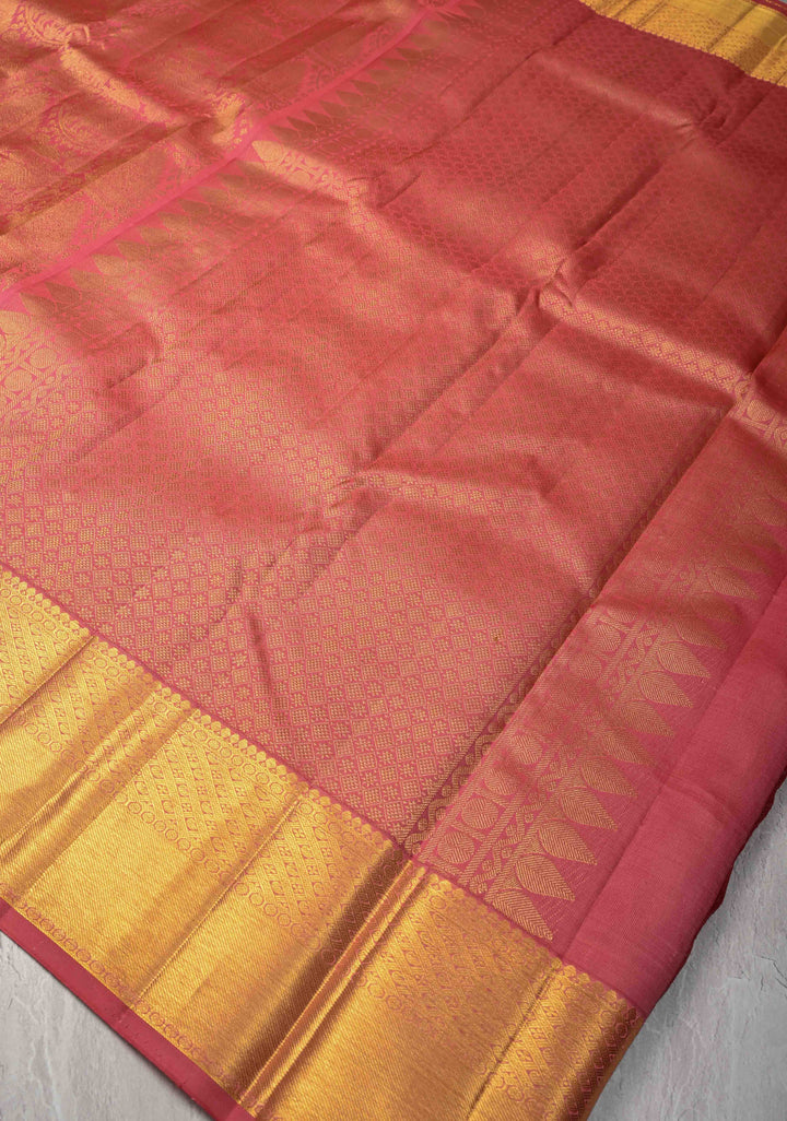 Rose Pink Kanjivaram Pure Silk Saree with Vanasingaram Brocade and Zari Border | SILK MARK CERTIFIED