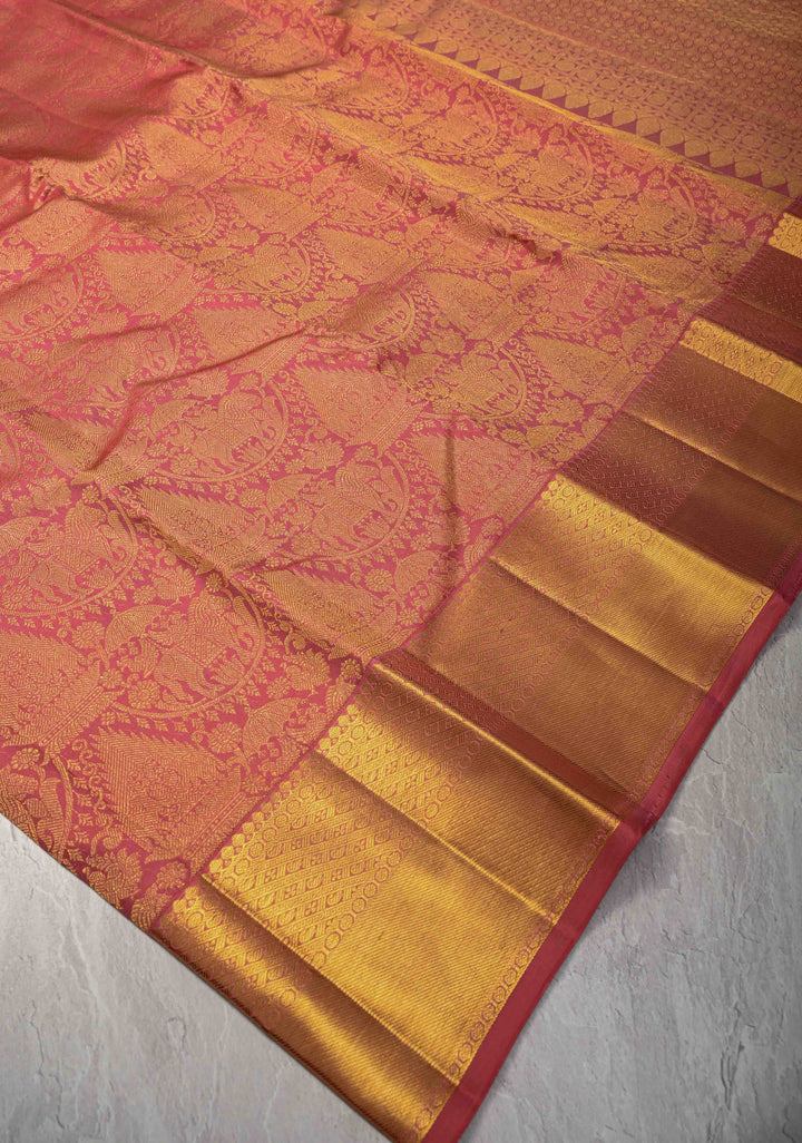 Rose Pink Kanjivaram Pure Silk Saree with Vanasingaram Brocade and Zari Border | SILK MARK CERTIFIED