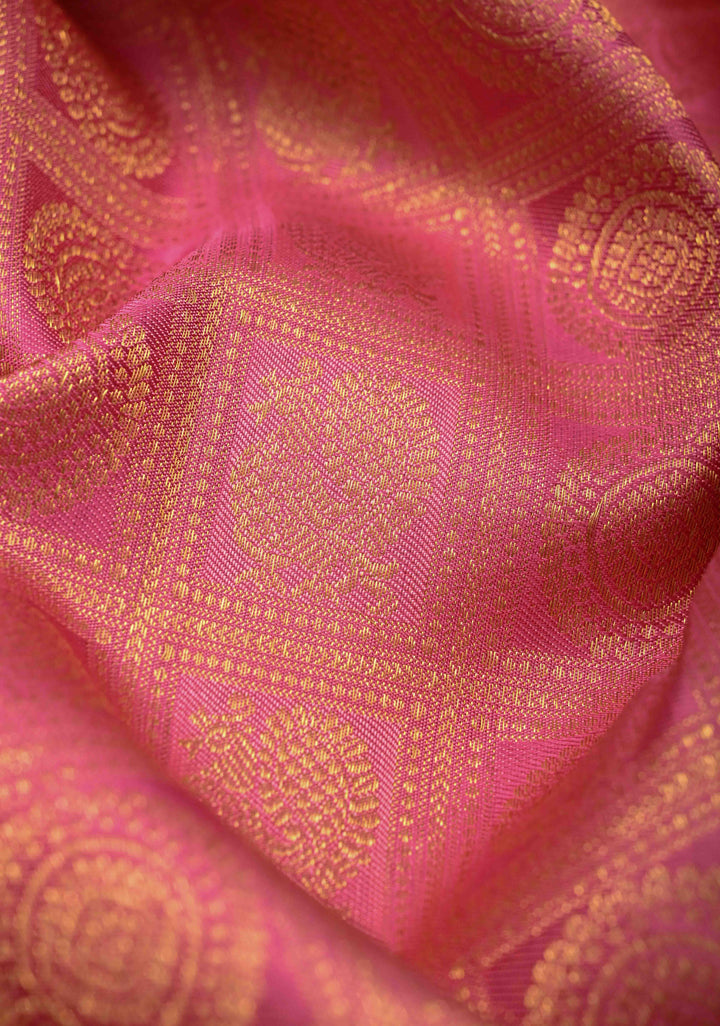 Patola Meena Rose Pink Pure Kanjivaram Silk Saree with Patola Brocade and Zari Border | SILK MARK CERTIFIED