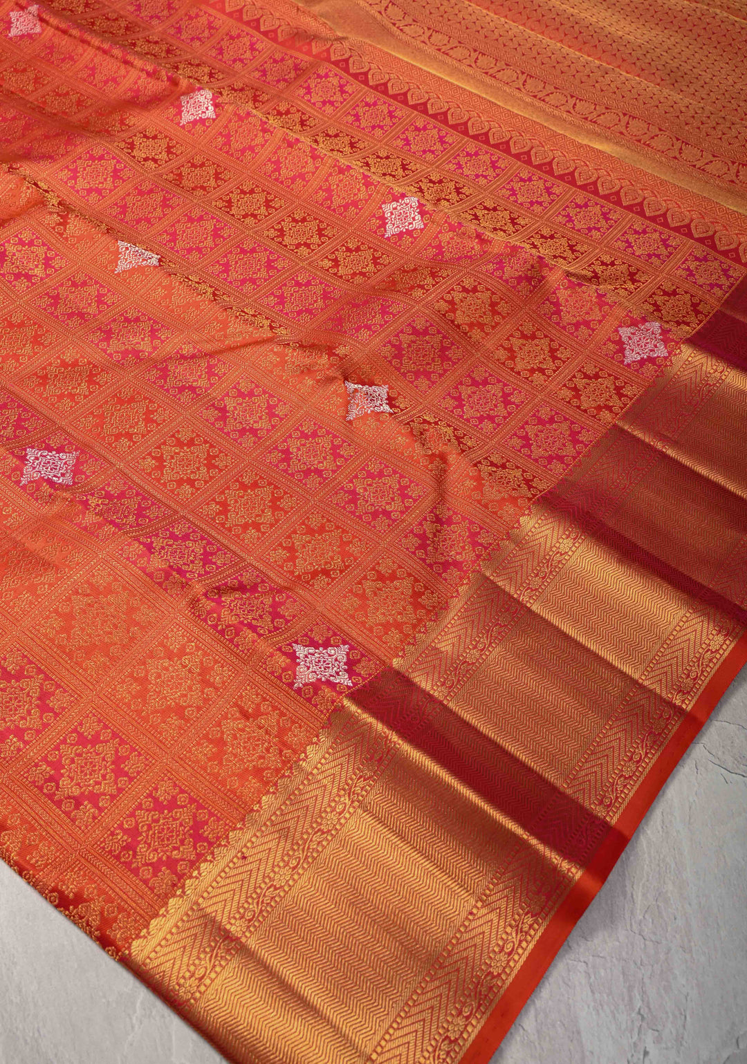 Vermilion-Pink Pure Kanjivaram Silk Saree with PatolaMeenakari  Brocade and Zari Border | SILK MARK CERTIFIED