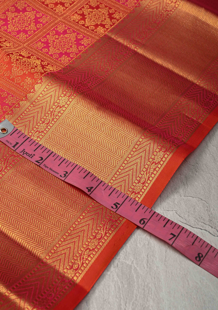 Vermilion-Pink Pure Kanjivaram Silk Saree with PatolaMeenakari  Brocade and Zari Border | SILK MARK CERTIFIED