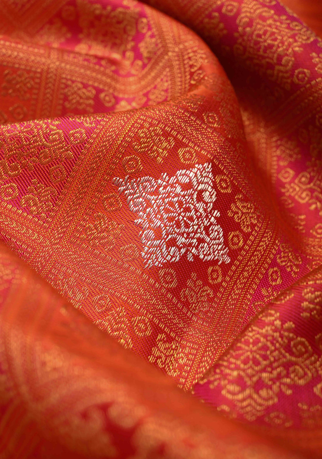 Vermilion-Pink Pure Kanjivaram Silk Saree with PatolaMeenakari  Brocade and Zari Border | SILK MARK CERTIFIED