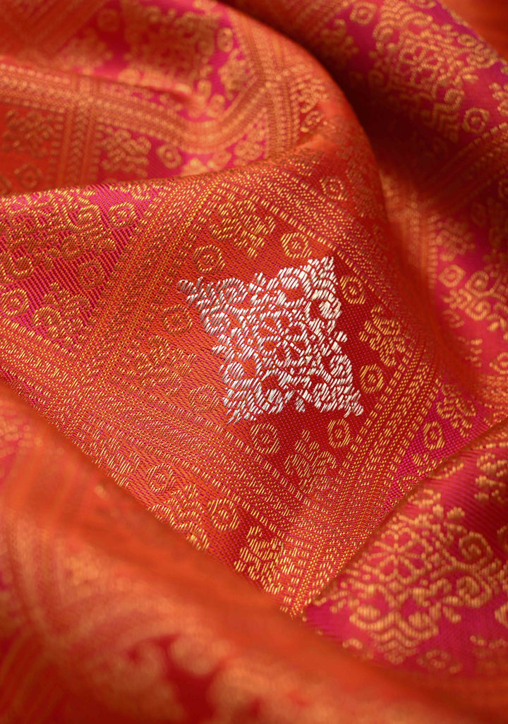 Vermilion-Pink Pure Kanjivaram Silk Saree with PatolaMeenakari  Brocade and Zari Border | SILK MARK CERTIFIED