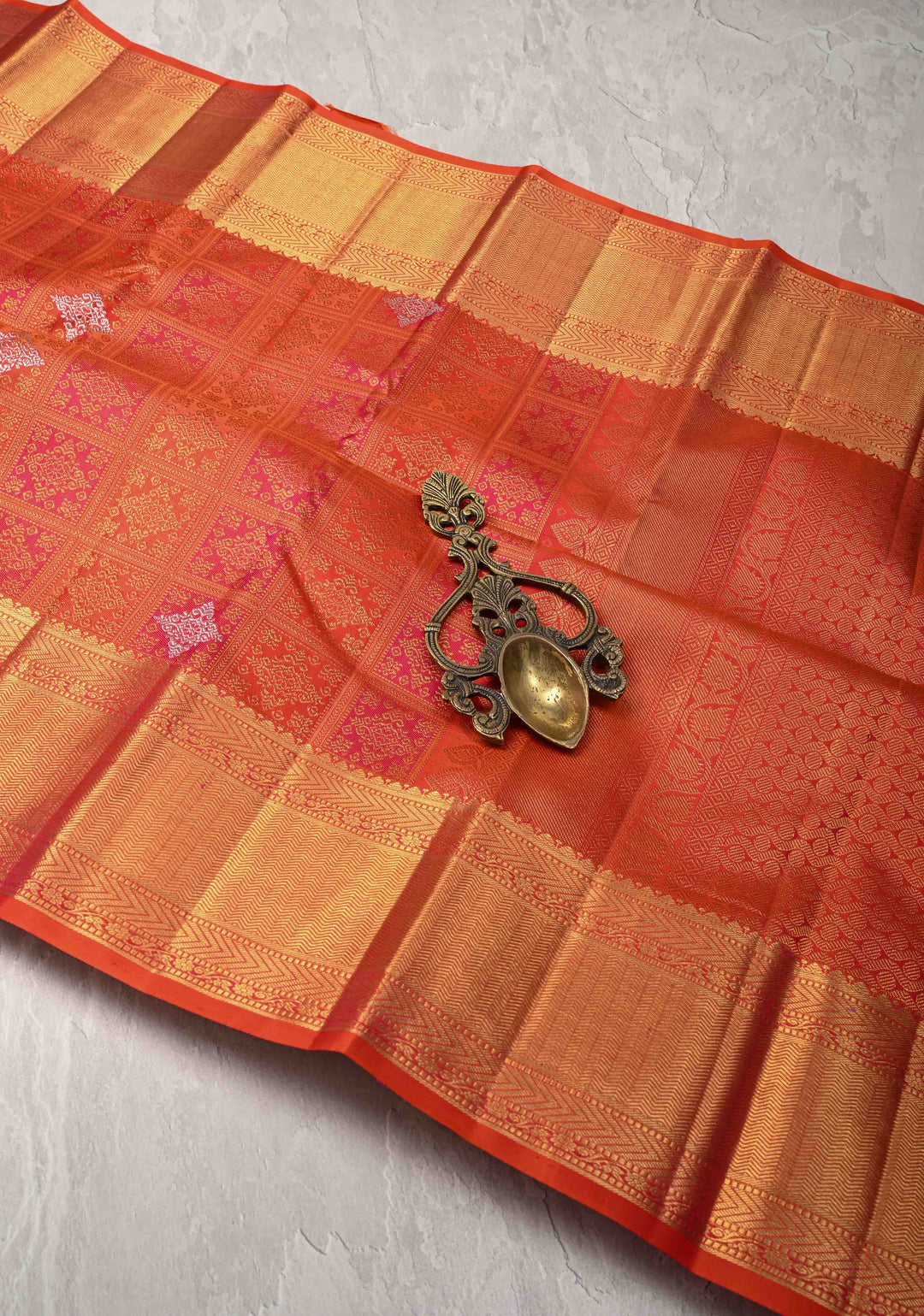 Vermilion-Pink Pure Kanjivaram Silk Saree with PatolaMeenakari  Brocade and Zari Border | SILK MARK CERTIFIED