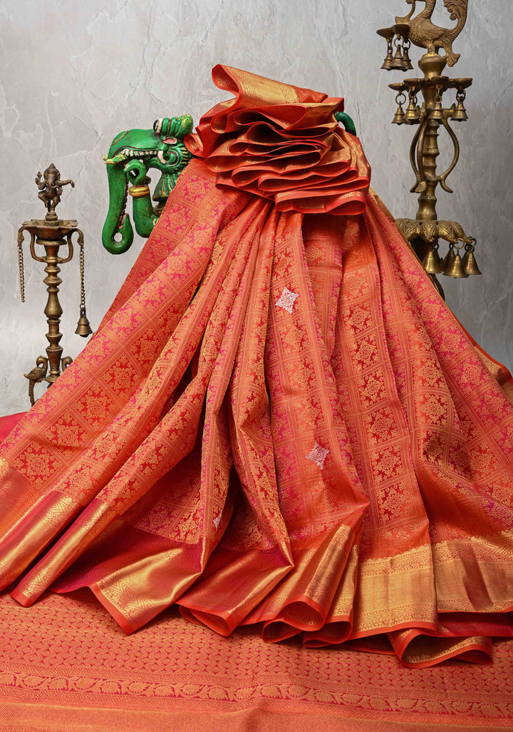 Vermilion-Pink Pure Kanjivaram Silk Saree with PatolaMeenakari  Brocade and Zari Border | SILK MARK CERTIFIED