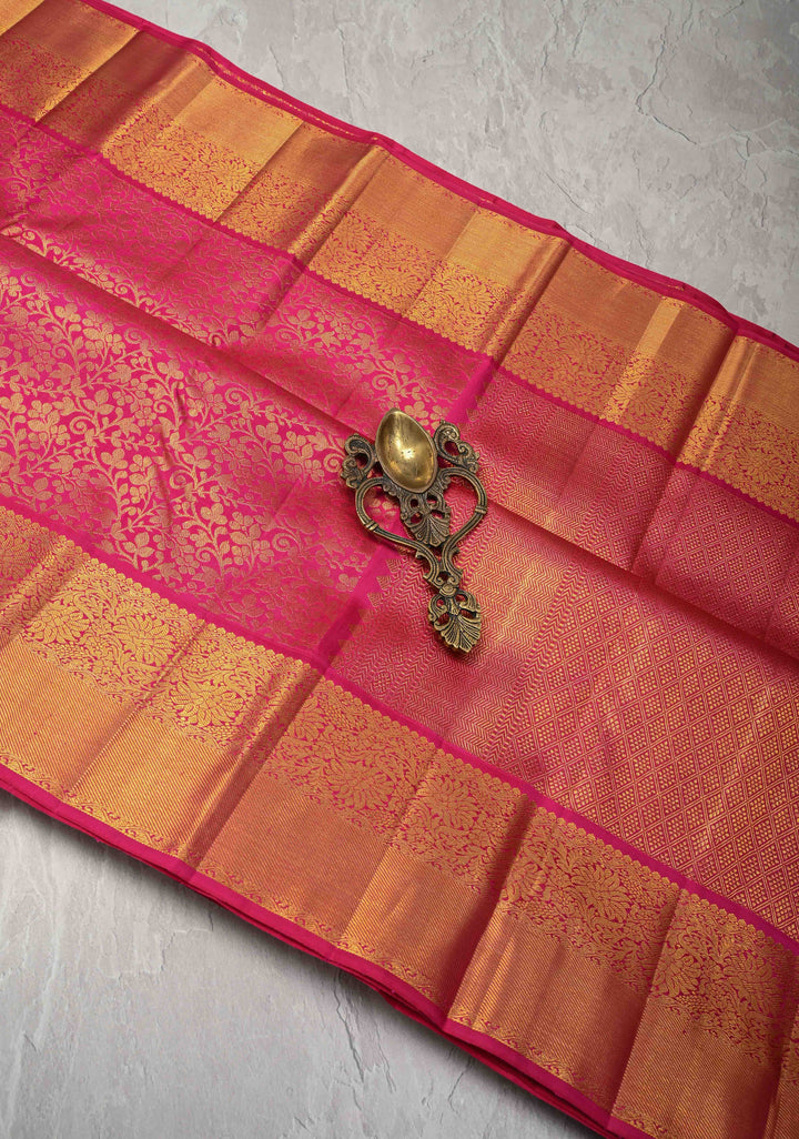 Pink Kanjivaram Pure Silk Saree with Floral Brocade and Zari Border | SILK MARK CERTIFIED