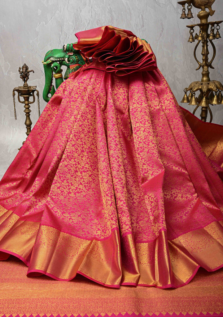 Pink Kanjivaram Pure Silk Saree with Floral Brocade and Zari Border | SILK MARK CERTIFIED