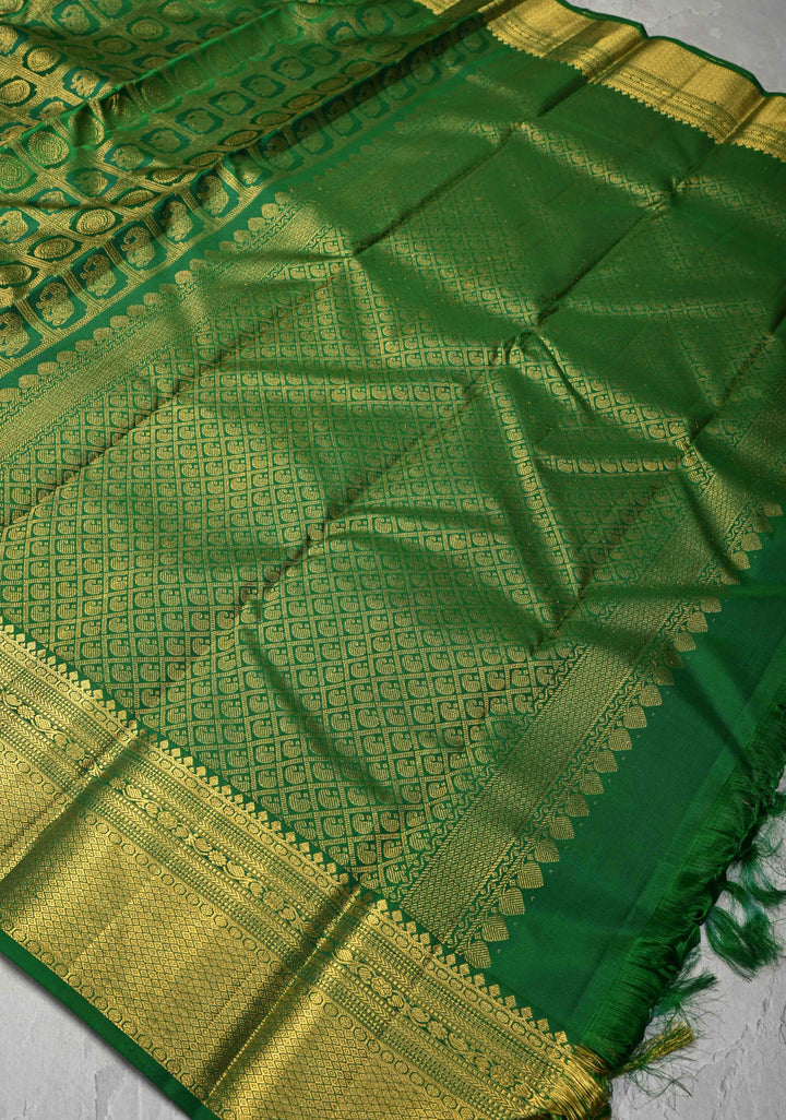 Green Pure Kanjivaram Silk Saree with Patola Brocade and Zari Border | SILK MARK CERTIFIED