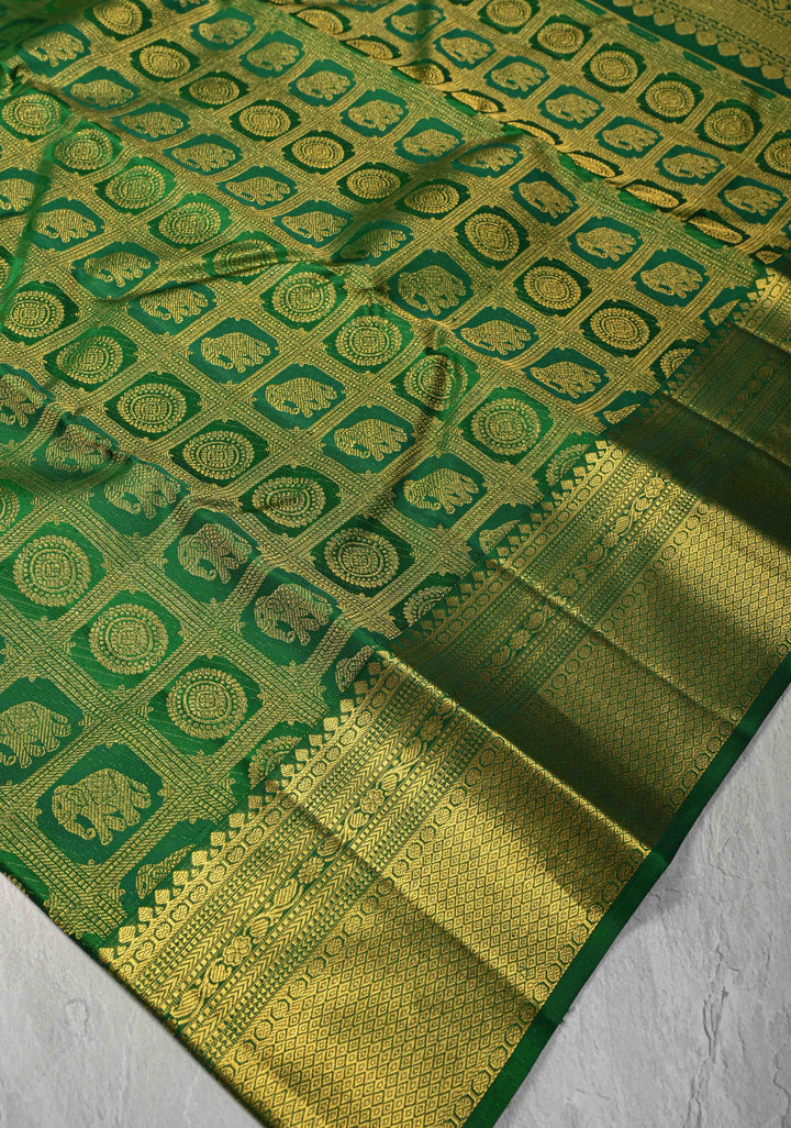 Green Pure Kanjivaram Silk Saree with Patola Brocade and Zari Border | SILK MARK CERTIFIED