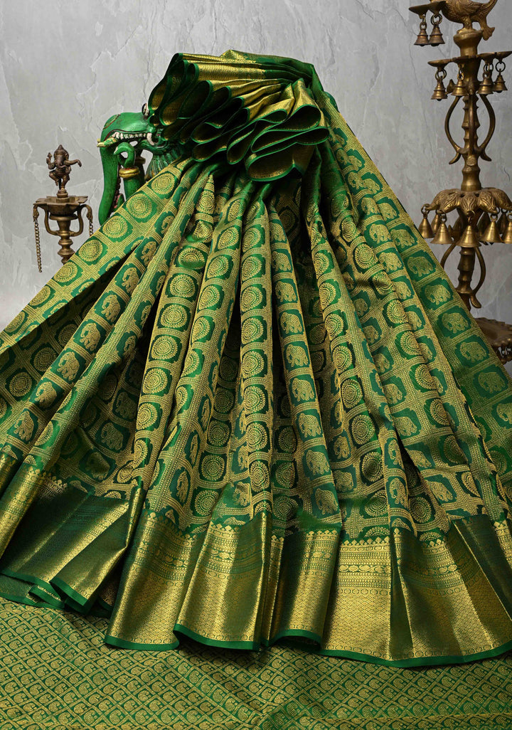 Green Pure Kanjivaram Silk Saree with Patola Brocade and Zari Border | SILK MARK CERTIFIED