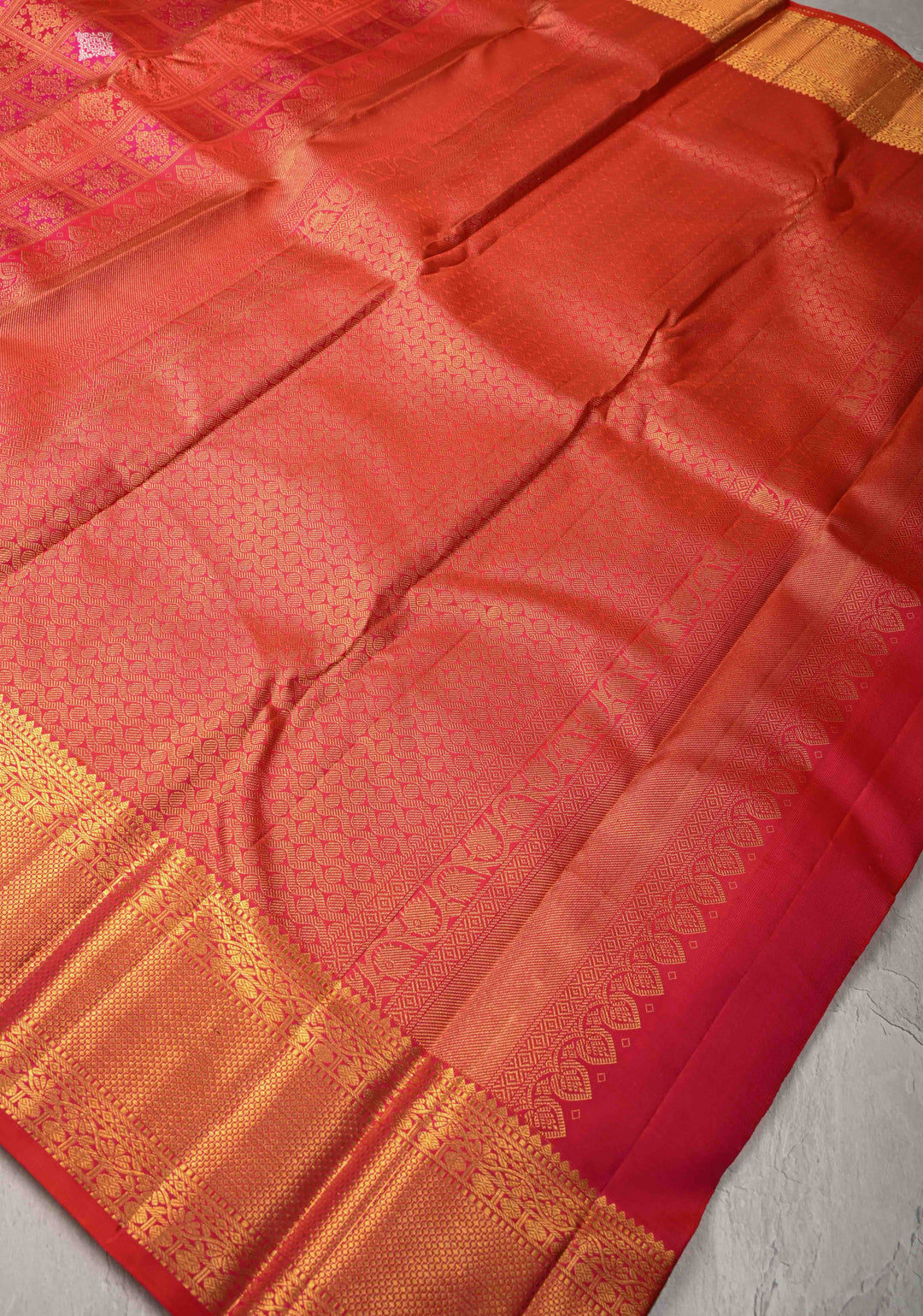 Vermilion-Pink-Orange Pure Kanjivaram Silk Saree with Meenakari Patola Brocade and Zari Border | SILK MARK CERTIFIED