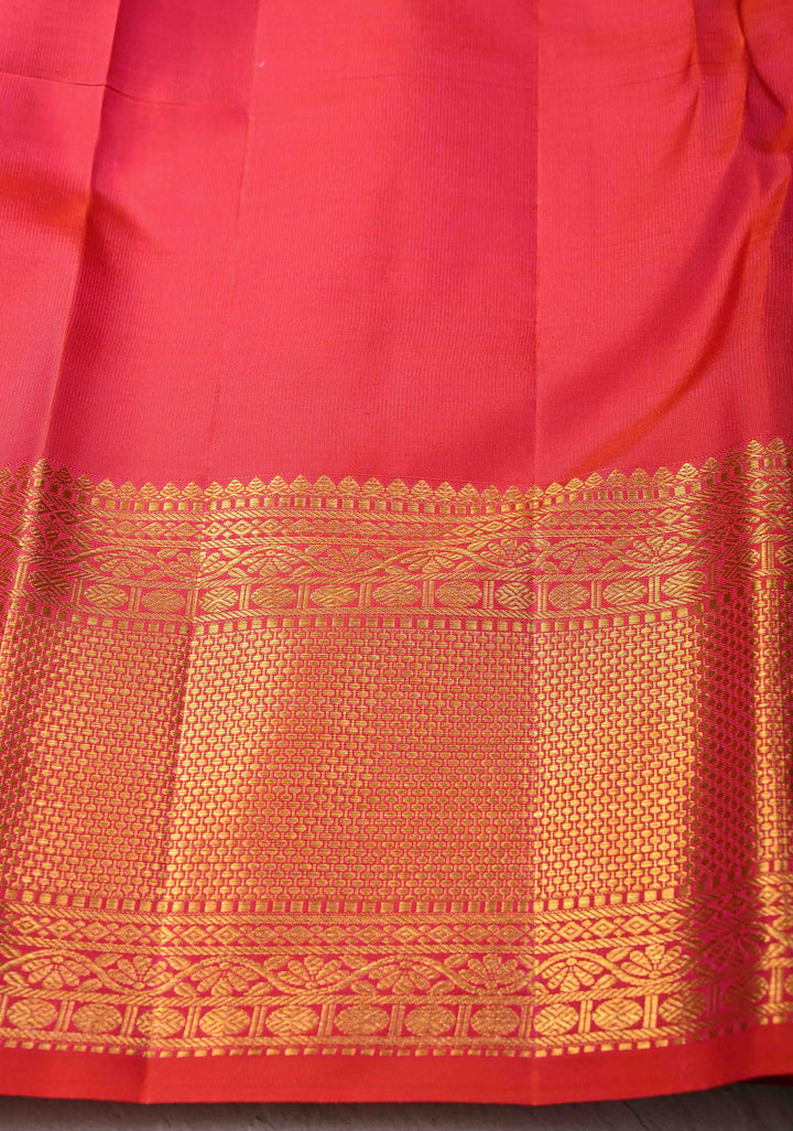 Vermilion-Pink-Orange Pure Kanjivaram Silk Saree with Meenakari Patola Brocade and Zari Border | SILK MARK CERTIFIED