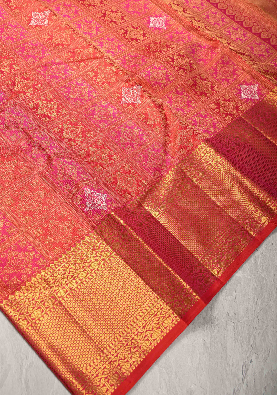 Vermilion-Pink-Orange Pure Kanjivaram Silk Saree with Meenakari Patola Brocade and Zari Border | SILK MARK CERTIFIED