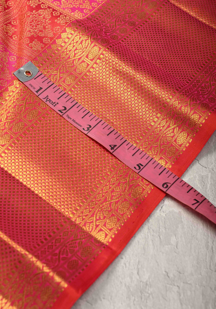Vermilion-Pink-Orange Pure Kanjivaram Silk Saree with Meenakari Patola Brocade and Zari Border | SILK MARK CERTIFIED