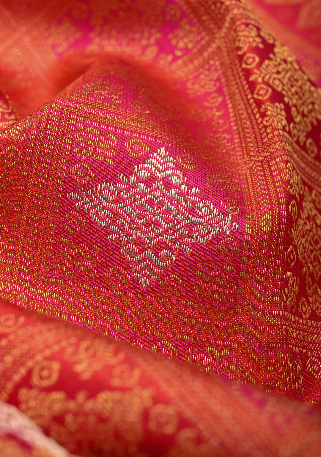 Vermilion-Pink-Orange Pure Kanjivaram Silk Saree with Meenakari Patola Brocade and Zari Border | SILK MARK CERTIFIED