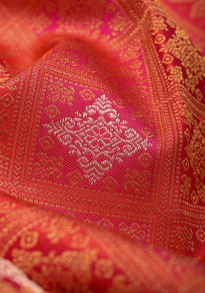 Vermilion-Pink-Orange Pure Kanjivaram Silk Saree with Meenakari Patola Brocade and Zari Border | SILK MARK CERTIFIED
