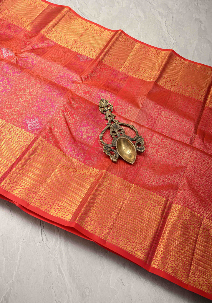 Vermilion-Pink-Orange Pure Kanjivaram Silk Saree with Meenakari Patola Brocade and Zari Border | SILK MARK CERTIFIED