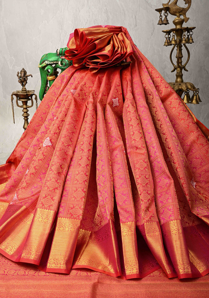 Vermilion-Pink-Orange Pure Kanjivaram Silk Saree with Meenakari Patola Brocade and Zari Border | SILK MARK CERTIFIED
