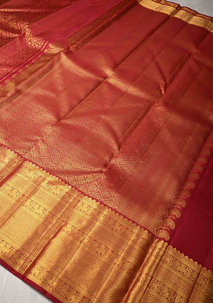 Maroon Kanjivaram Pure Silk Saree with Floral Brocade and Zari Border | SILK MARK CERTIFIED