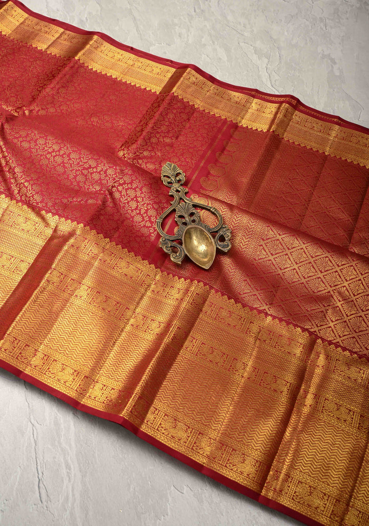 Maroon Kanjivaram Pure Silk Saree with Floral Brocade and Zari Border | SILK MARK CERTIFIED