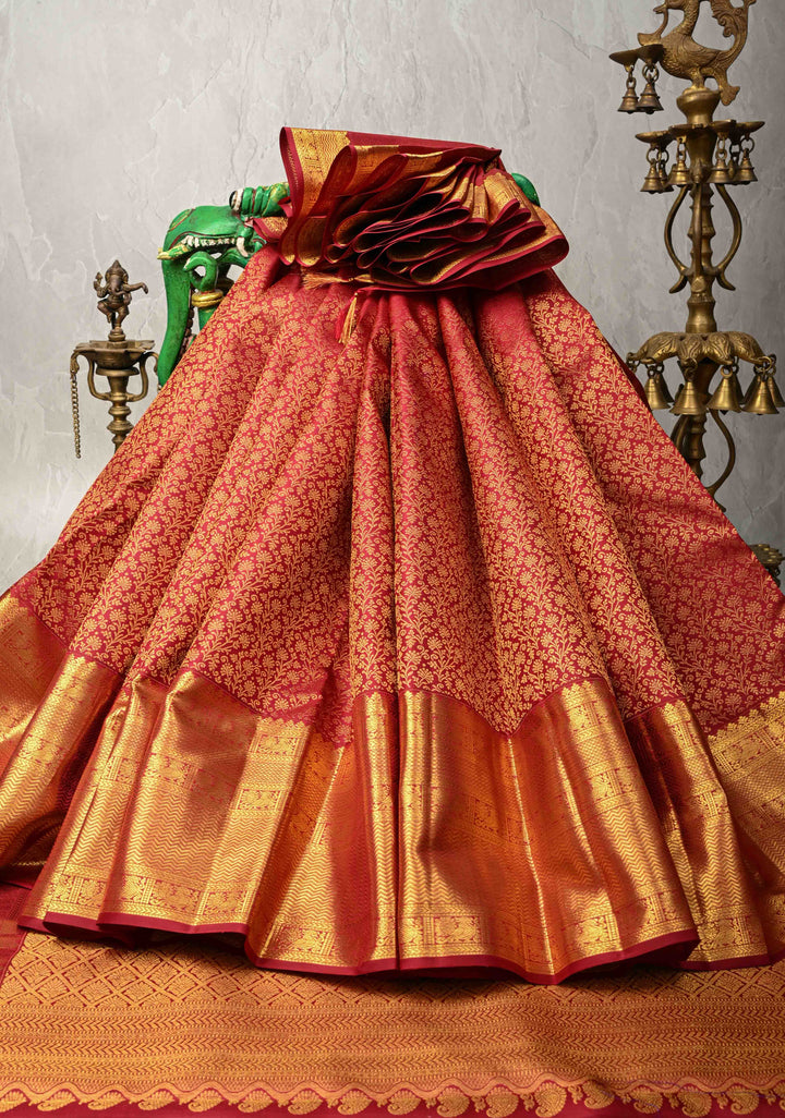 Maroon Kanjivaram Pure Silk Saree with Floral Brocade and Zari Border | SILK MARK CERTIFIED