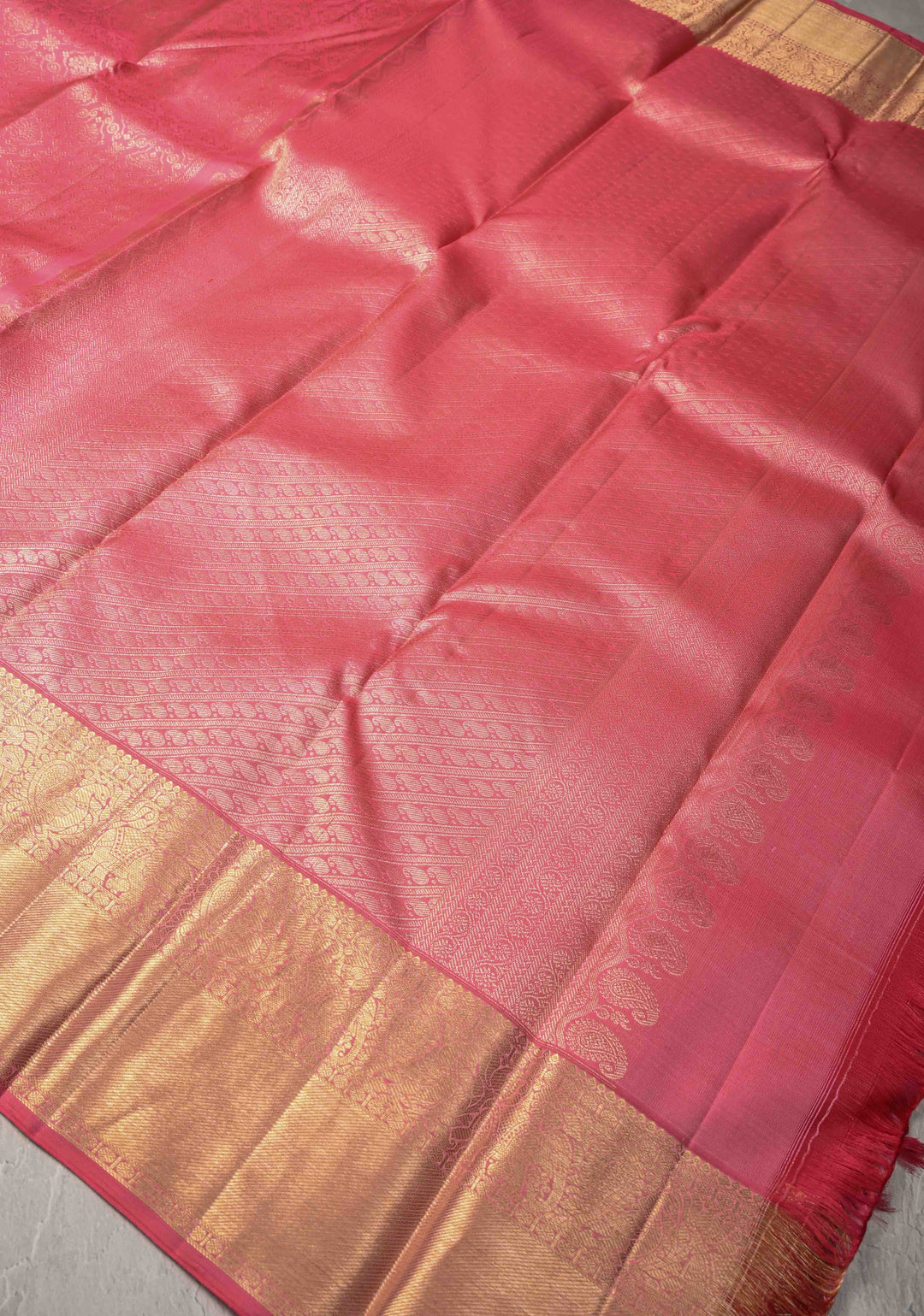 French Rose Kanjivaram Pure Silk Saree with Floral Brocade Jaal and Zari Border | SILK MARK CERTIFIED