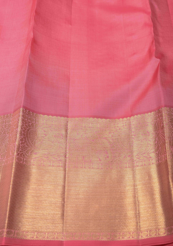 French Rose Kanjivaram Pure Silk Saree with Floral Brocade Jaal and Zari Border | SILK MARK CERTIFIED