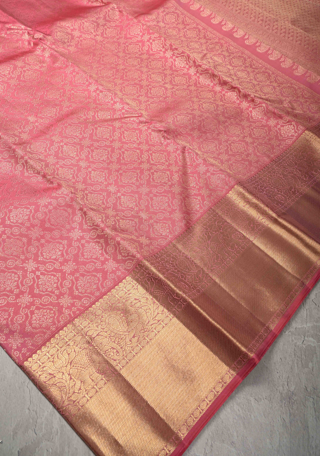 French Rose Kanjivaram Pure Silk Saree with Floral Brocade Jaal and Zari Border | SILK MARK CERTIFIED