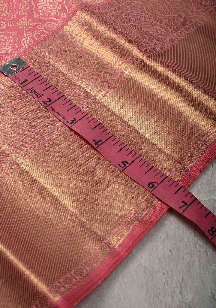 French Rose Kanjivaram Pure Silk Saree with Floral Brocade Jaal and Zari Border | SILK MARK CERTIFIED