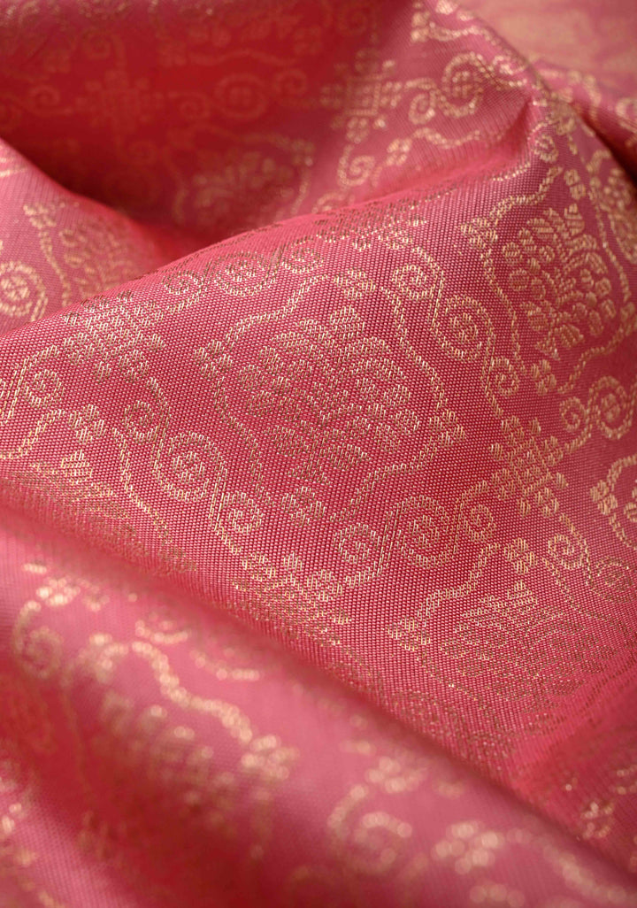 French Rose Kanjivaram Pure Silk Saree with Floral Brocade Jaal and Zari Border | SILK MARK CERTIFIED