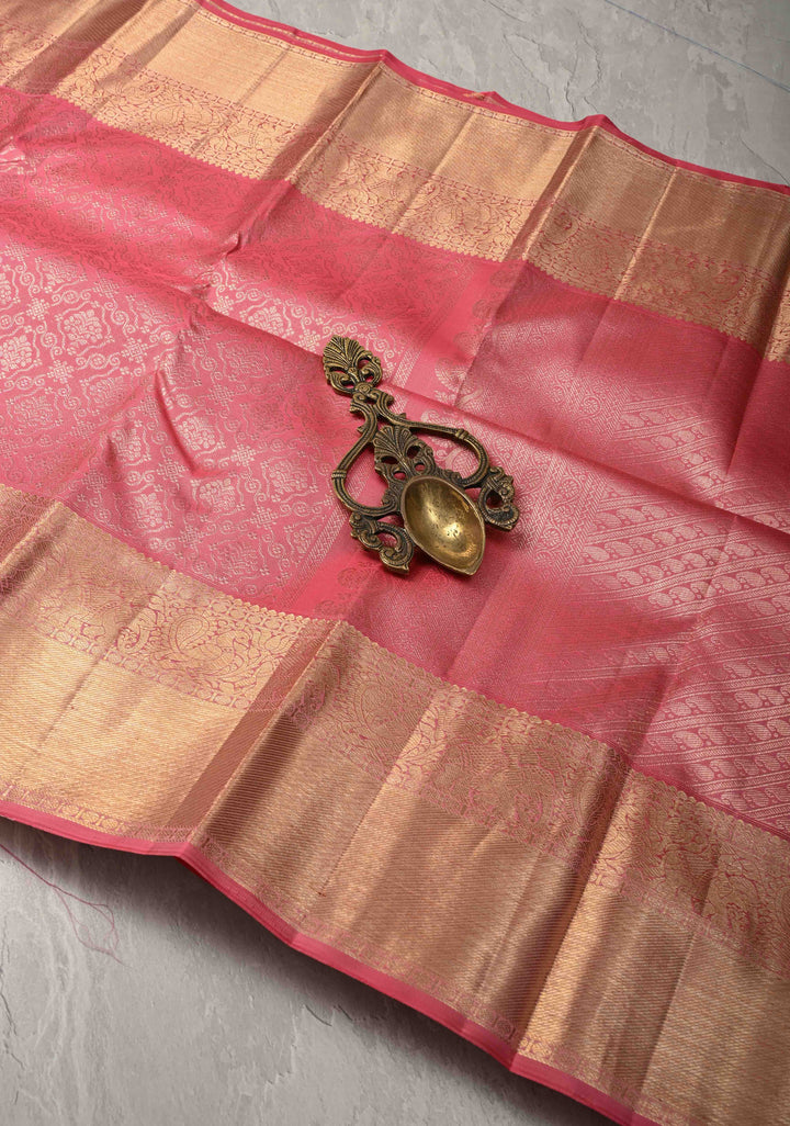 French Rose Kanjivaram Pure Silk Saree with Floral Brocade Jaal and Zari Border | SILK MARK CERTIFIED