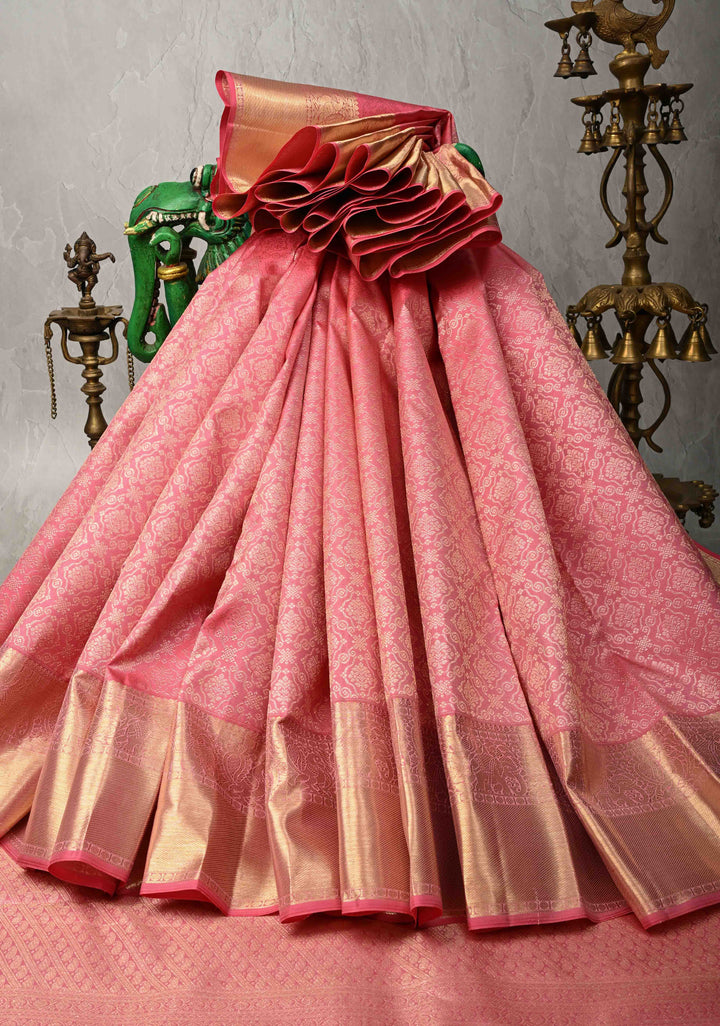 French Rose Kanjivaram Pure Silk Saree with Floral Brocade Jaal and Zari Border | SILK MARK CERTIFIED