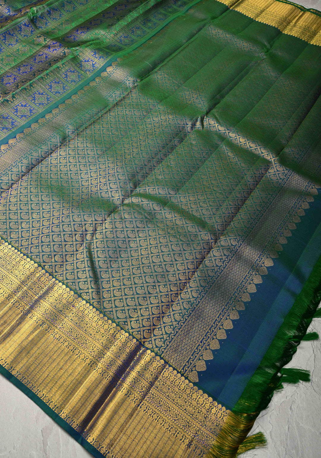 Blue-Green Pure Kanjivaram Silk Saree with Patola Brocade and Zari Border | SILK MARK CERTIFIED